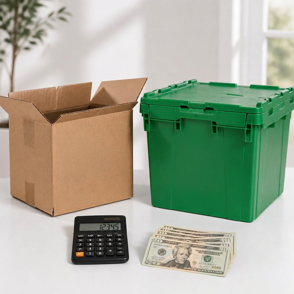 Cardboard moving box next to a reusable green plastic tote with cash and a calculator