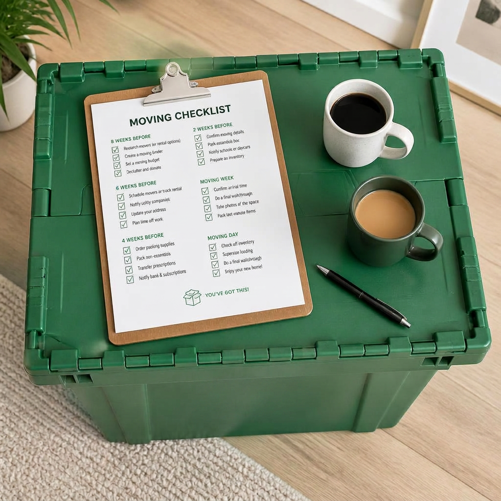 A printed moving checklist on a clipboard next to a green moving tote and two coffee mugs