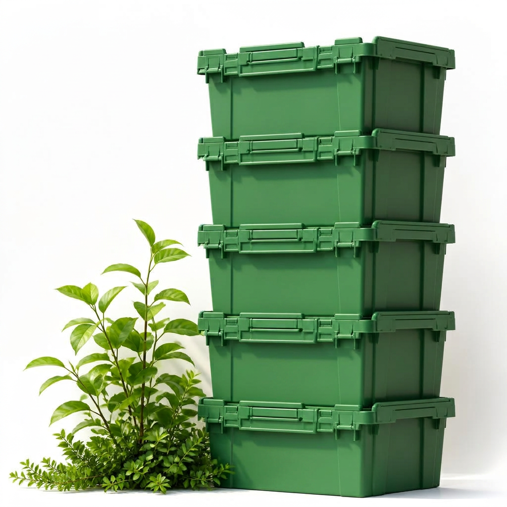 Green leaves growing over a stack of reusable green plastic moving totes