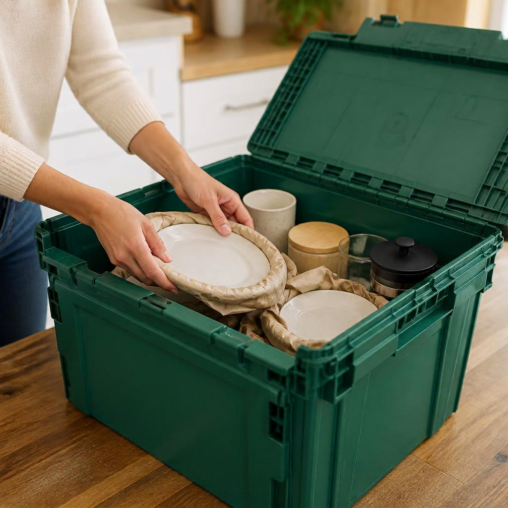 Person carefully packing dishes wrapped in paper into a green reusable moving tote