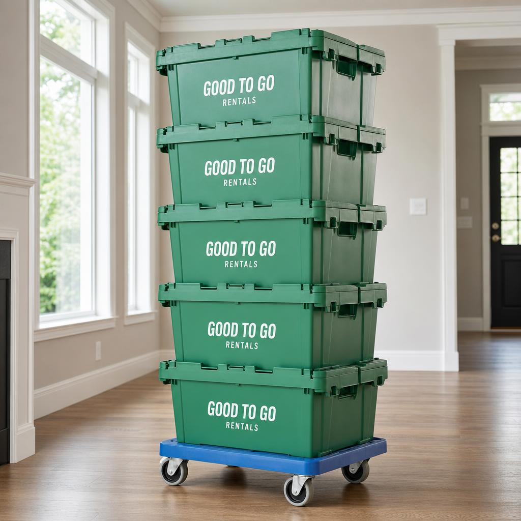 Stack of reusable green Good to Go Rentals moving totes on a blue dolly in a bright empty living room
